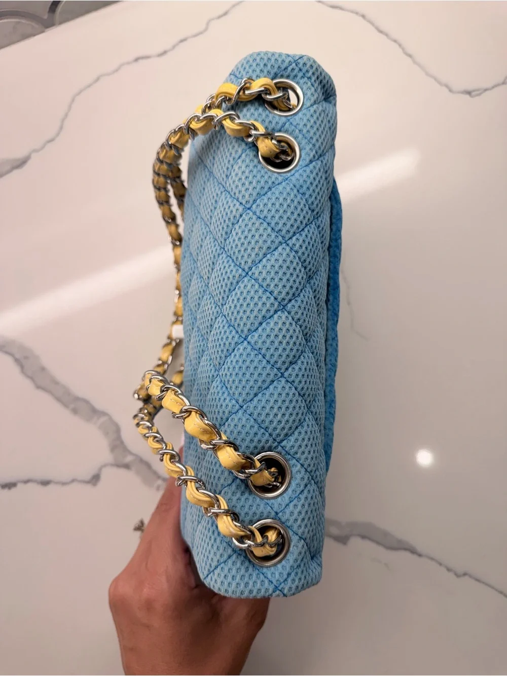 CHANEL Blue Quilted Perforated Jersey Shoulder Bag with  Chain